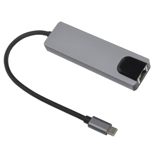5-i-1 Type-C Hub Multiportadapter med Gigabit, HDMI, USB 3.0 och PD, Silvergrå