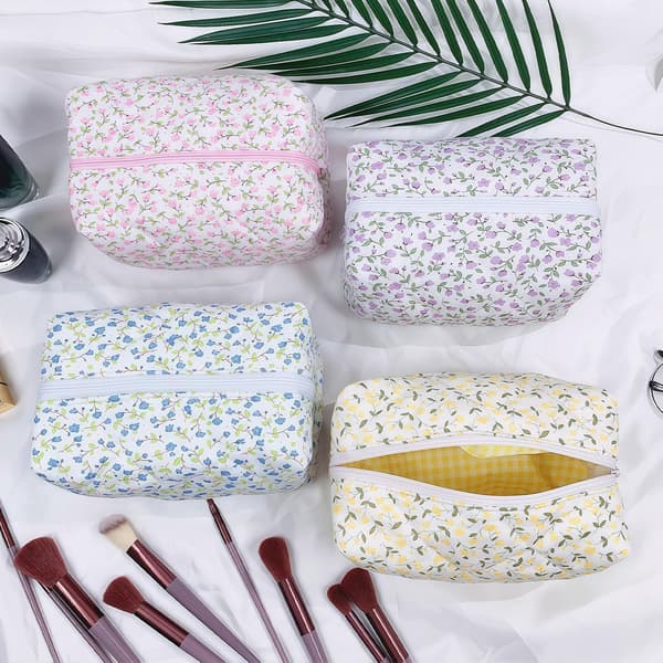 Quiltet makeup-taske med stor kapacitet, blomstret bomuldstaske til kvinder og piger, blå, gul