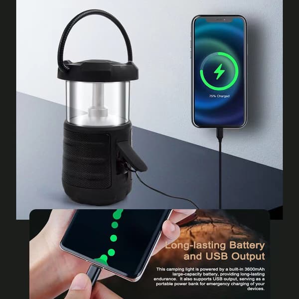 Multifunksjonell Campinglykt med Bærbar Bluetooth-høyttaler og Powerbank, IP45 Vanntett.