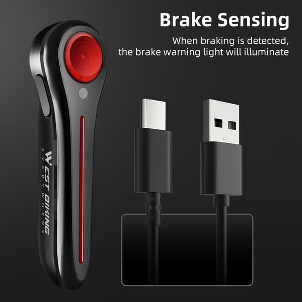 Smart baklykt til sykkel med bremsesensor, USB oppladbar, IPX6 LED for nattbruk