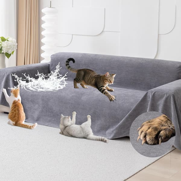 Kattesoftrekk, ripesikkert sofatrekk for katt, 3-seters sofatrekk for hunder, katter og andre kjæledyr, grått, 340x180 cm
