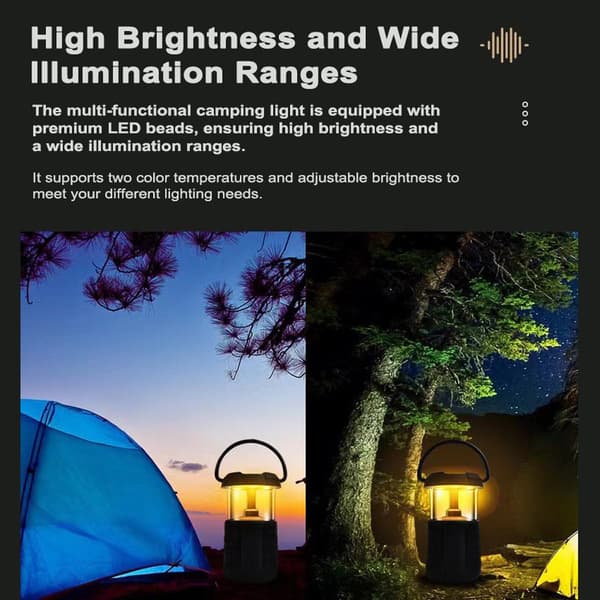 Multifunksjonell Campinglykt med Bærbar Bluetooth-høyttaler og Powerbank, IP45 Vanntett.