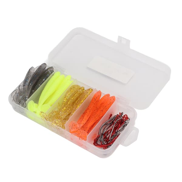 Sæt med 60 bløde agn med kroge i rustfrit stål, T-hale, PVC, til basfiskeri, 6 cm
