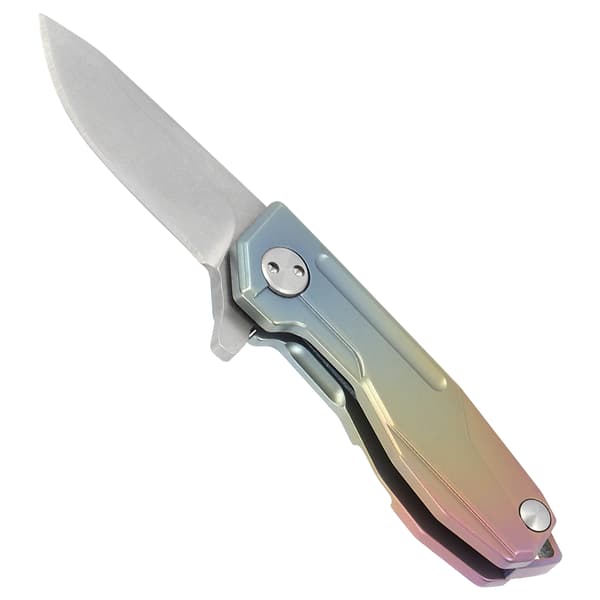Mini kniv i titaniumlegering med D2-klinge, nøglering og farverig kæde