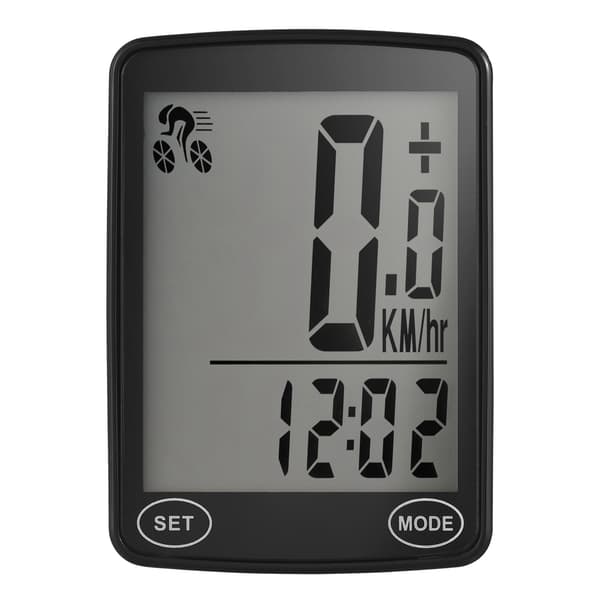 Sykkelcomputer med LED-bakgrunnsbelysning, speedometer, kilometerteller og kalorieteller.