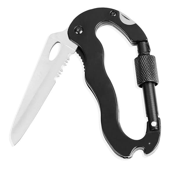 Sort 5-i-1 Multifunktionel Karabinhage med Kniv og Nøglering i Rustfrit Stål til Klatring og Camping