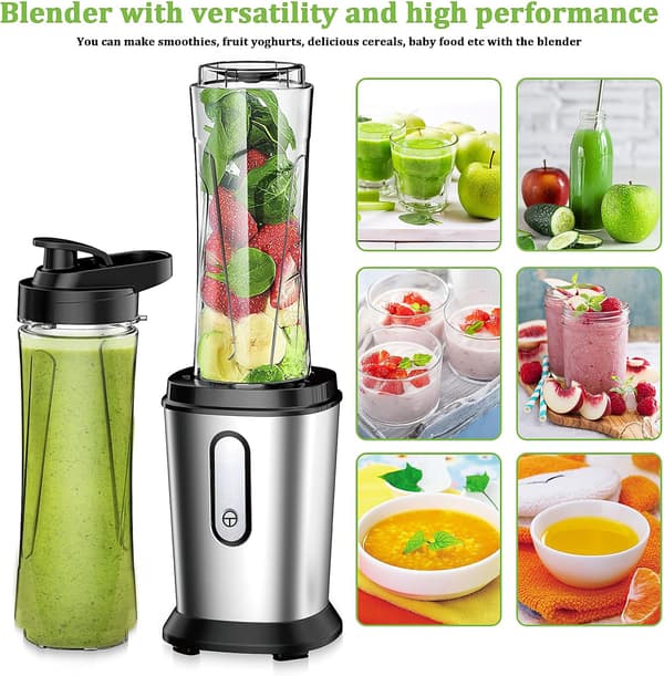 500W Mini-mixer & Smoothie-maskin med 2 x 600 ml flaskor, BPA-fri, bärbart rostfritt stål, 4 blad