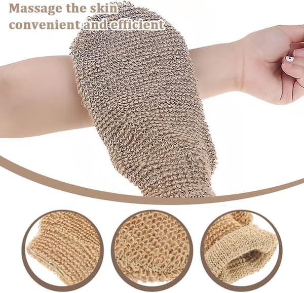 Set med 4 exfolierande ramiefiberhandskar för kropp, ansiktsvård och torrmassage, för dusch och bastu