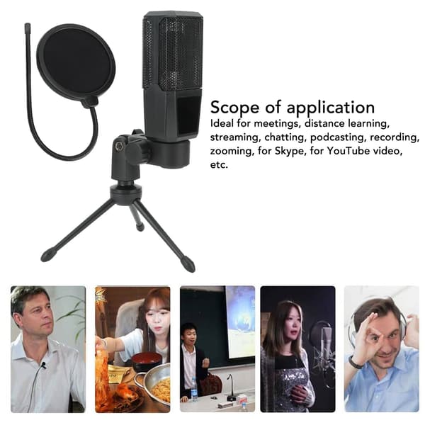Kondensatormikrofon med brusreducering och justerbart stativ för streaming och podcasting.
