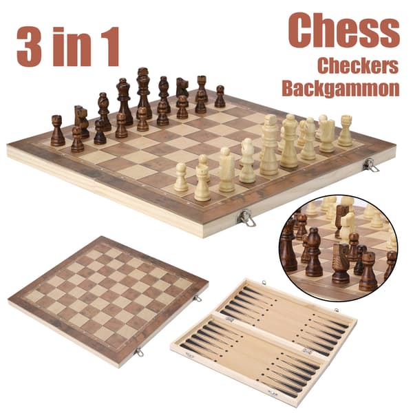 3-i-1 Träschackset: Schack, Dam, Backgammon, Hopfällbar Bräda 34x34cm för Barn och Vuxna