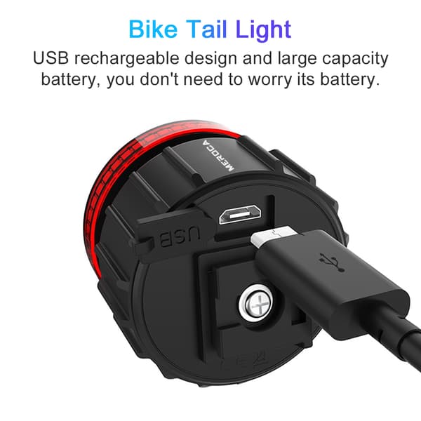 Sykkelbaklys med bremseoppdagelse, USB oppladbart, høy synlighet, 6 moduser, IPX5