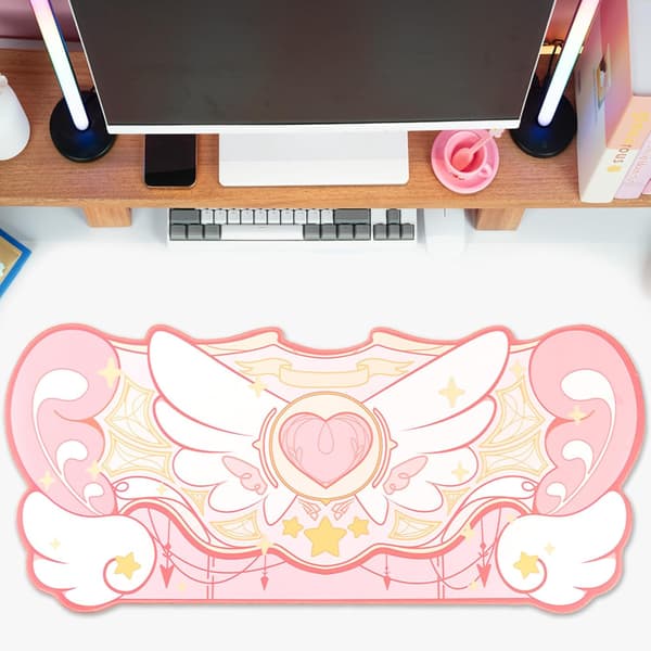 Stor Kawaii Gaming Musemåtte med Skridsikker Gummi til Gaming eller Hjemmearbejde – Pink Stjernevinger