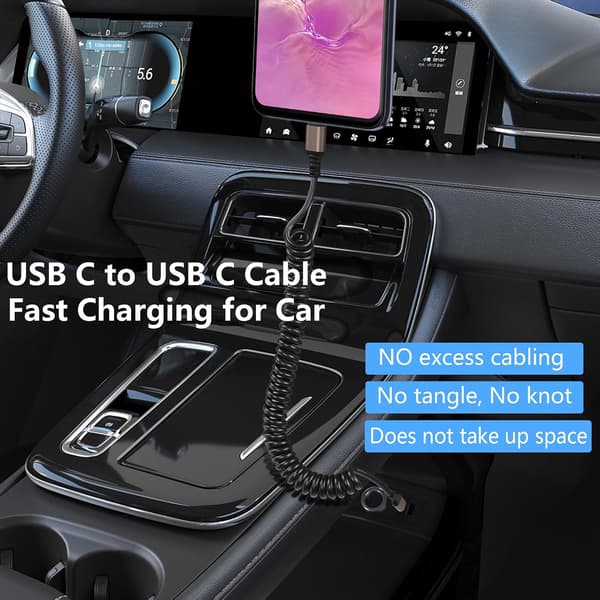 Spiralformad USB-C till USB-C-kabel, 6A snabbladdning och datasynkronisering, kompatibel med iPhone 15, Note 20, 10, 9, 1,5 m