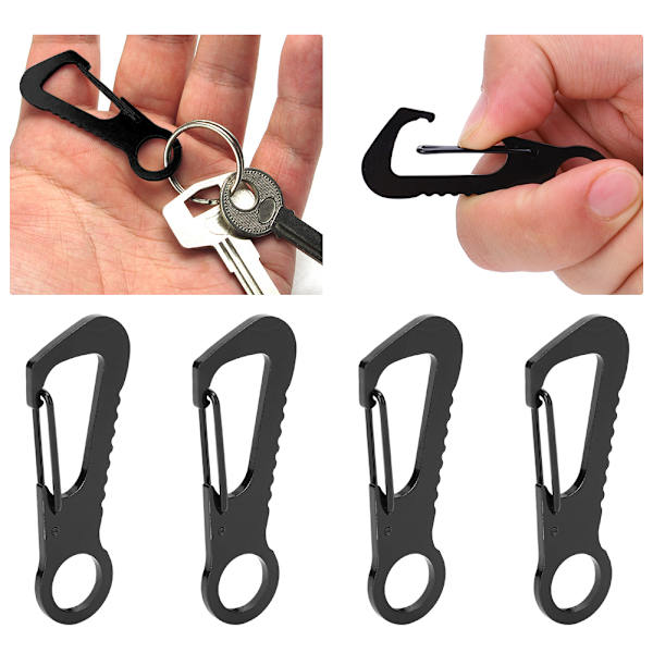 4 stk. multifunktionel D-ring karabinhage i rustfrit stål til klatring, flaskeåbner, nøglering, sort