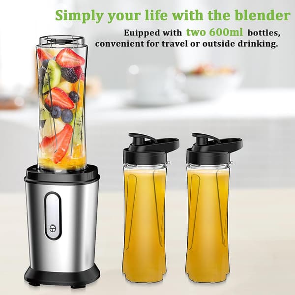 500W Mini-mixer & Smoothie-maskin med 2 x 600 ml flaskor, BPA-fri, bärbart rostfritt stål, 4 blad