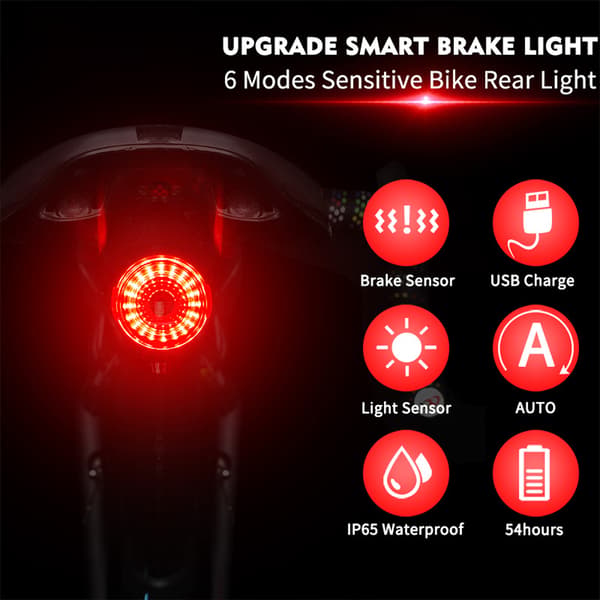 Sykkelbaklys med bremsesensor, IPX6 vanntett, oppladbar LED