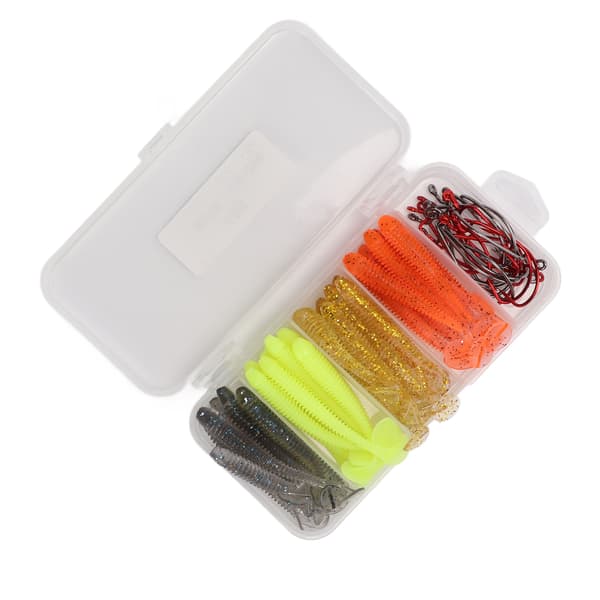 Sæt med 60 bløde agn med kroge i rustfrit stål, T-hale, PVC, til basfiskeri, 6 cm
