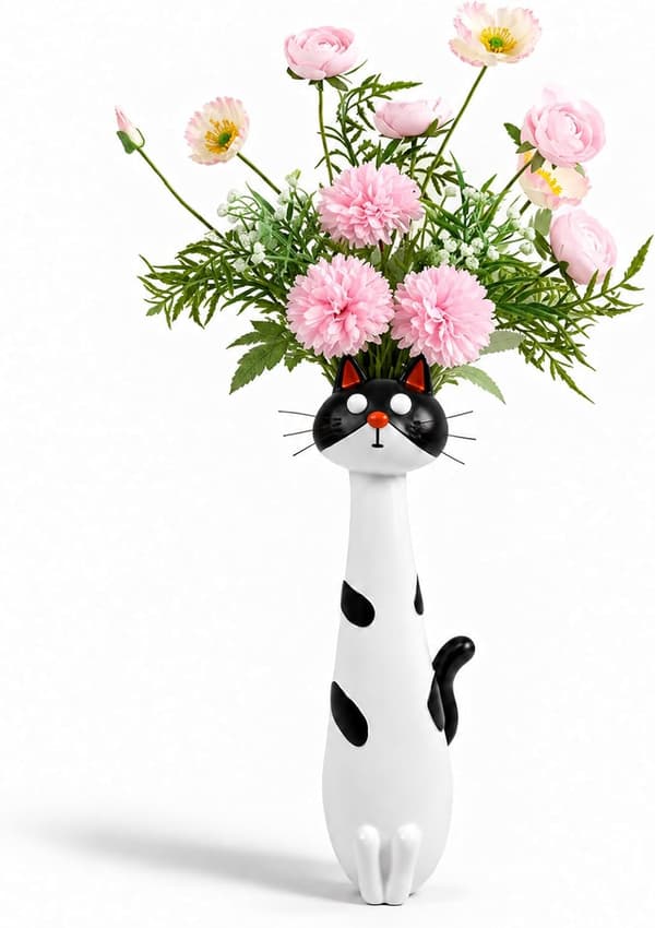 Handgjord blomvas formad som en katt, för blommor, öppen spis, bröllop, sovrum, matbordsdekoration, vit
