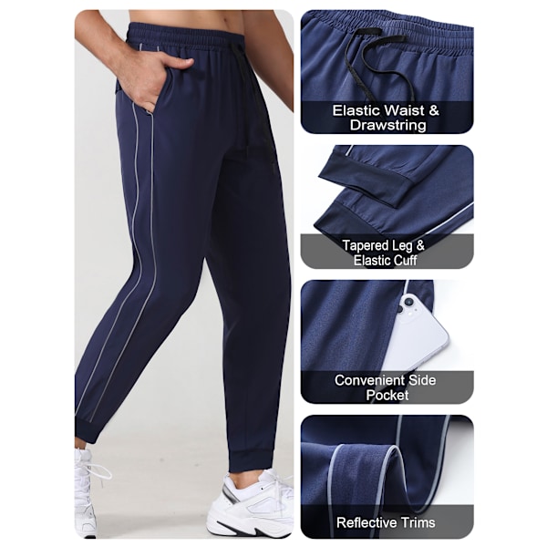 Joggebukse for menn med refleksstriper, lommer og elastisk linning for løping og trening