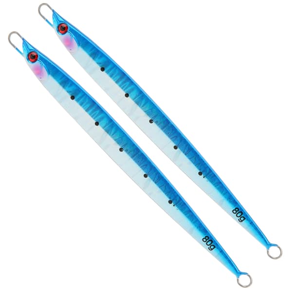 2 st simulerade fiskformade fiskedrag med levande simställning, blå färg