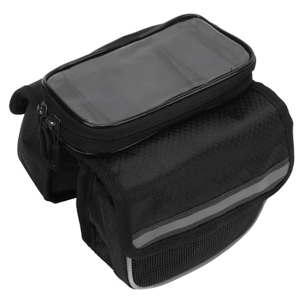 Sort cykelrammetaske, 600D nylon TPU følsom, reflekterende strimler, dobbelt lynlås