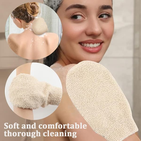 Set med 4 exfolierande ramiefiberhandskar för kropp, ansiktsvård och torrmassage, för dusch och bastu