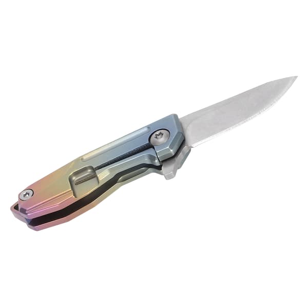 Mini kniv i titaniumlegering med D2-klinge, nøglering og farverig kæde