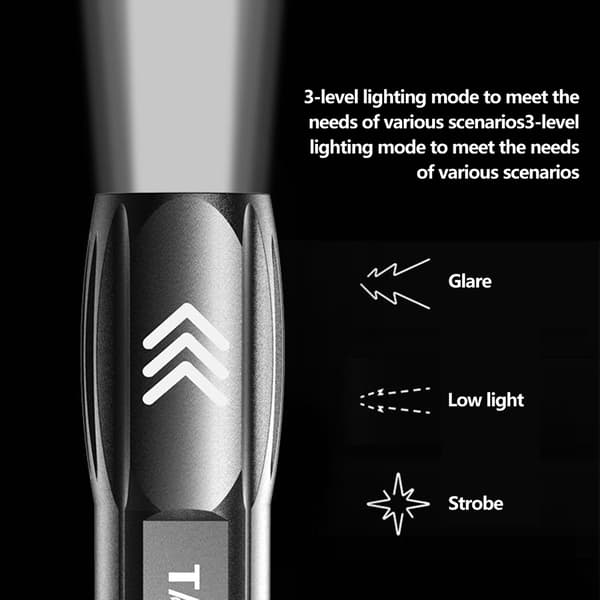 USB-lommelygte med zoom og 3 tilstande, ideel til camping og udendørs aktiviteter