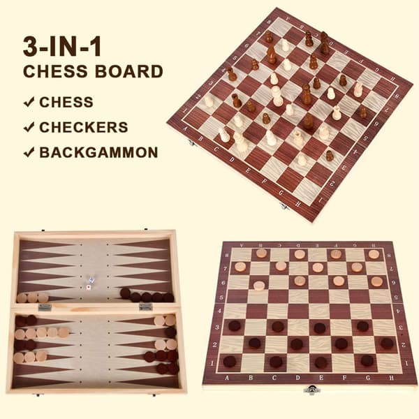 Bærbart 3-i-1 skak-, dam- og backgammon-sæt i træ til voksne og børn