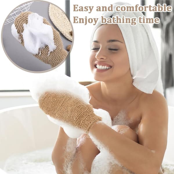 Set med 4 exfolierande ramiefiberhandskar för kropp, ansiktsvård och torrmassage, för dusch och bastu