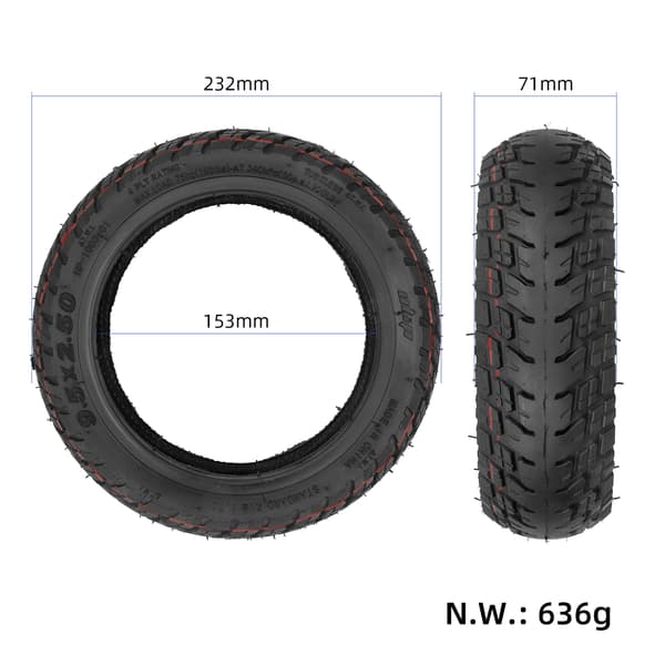 Slanglöst däck 9.5x2.50 terräng för elscooter, slitstarkt gummi