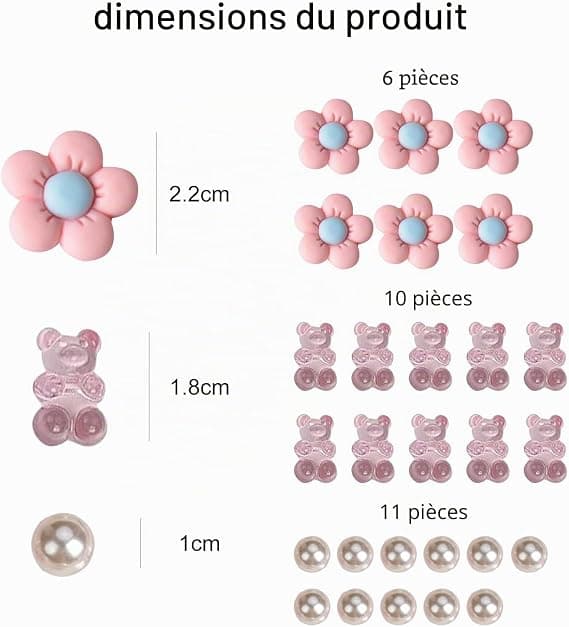 Bamse- og tusindfryd-skopynt (10 lyserøde bamser + 11 hvide perler + 6 lyserøde tusindfryd)