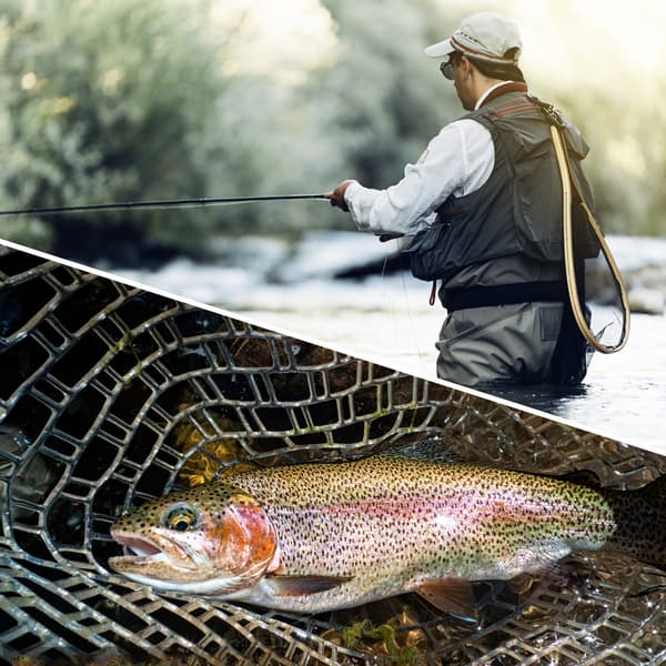 Fiskegarn med elastisk snor for fluefiske og utsetting av fisk