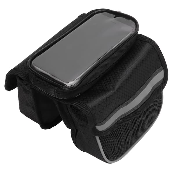 Sort cykelrammetaske, 600D nylon TPU følsom, reflekterende strimler, dobbelt lynlås
