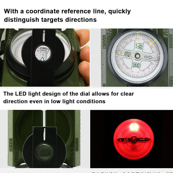Multifunktionelt udendørs foldekompas til camping og trekking med LED-lys til navigation og overlevelse