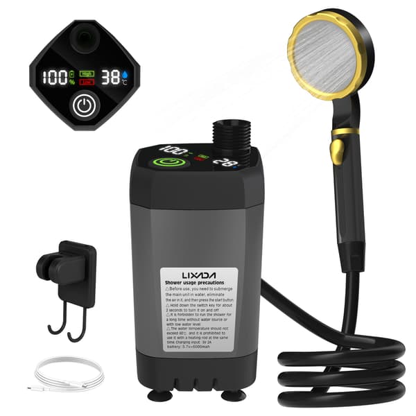 Bärbar campingduschpump med smart digital display, utomhusduschkit för husbil och trädgård