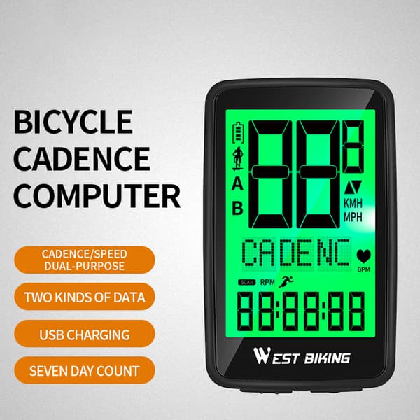 Trådløs cykelcomputer, tosproget, med baggrundsbelysning, fuld skærm, vandtæt, USB