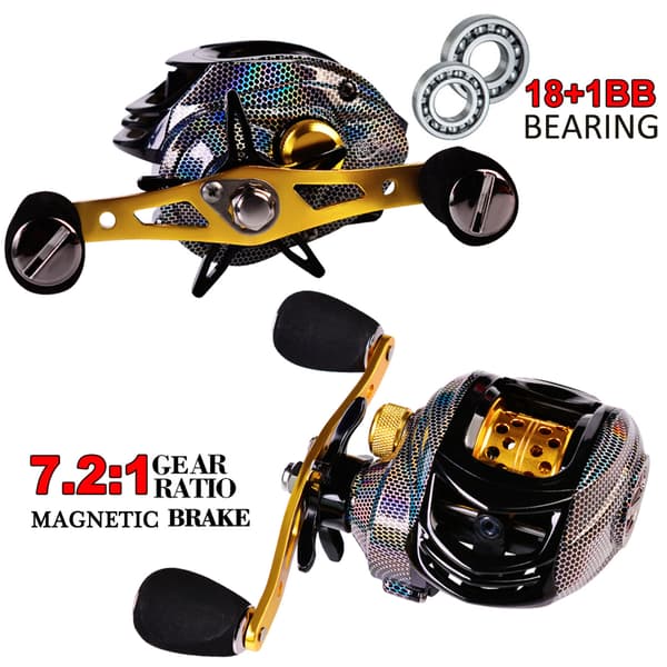 Baitcast fiskerulle 18+1 kullager 7.2:1 magnetisk broms metall vänster/höger