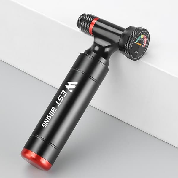 Bärbar CO2-cykeldäckpump, aluminiumlegering, med tryckmätare och kontroll, tillbehör för utomhuscykling.