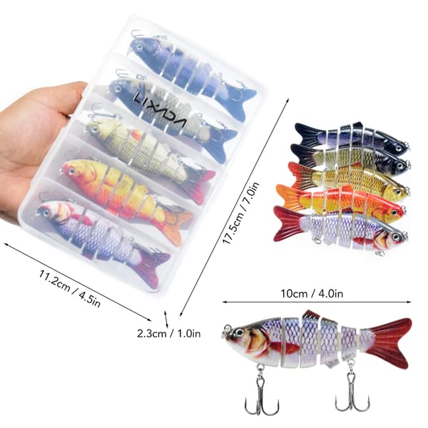 Lixada 5 fiskedrag för bas 6 segment Swimbait sjunkande bete med förvaringslåda