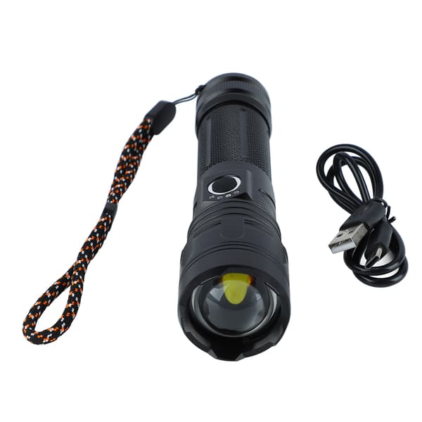 Superljus infällbar ficklampa med lång räckvidd, batteriindikator, USB, aluminium för camping utomhus