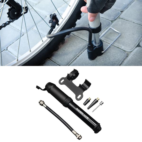 Bærbar cykelpumpe med 3 luftdyser, sort aluminiumslegering, til udendørs brug.