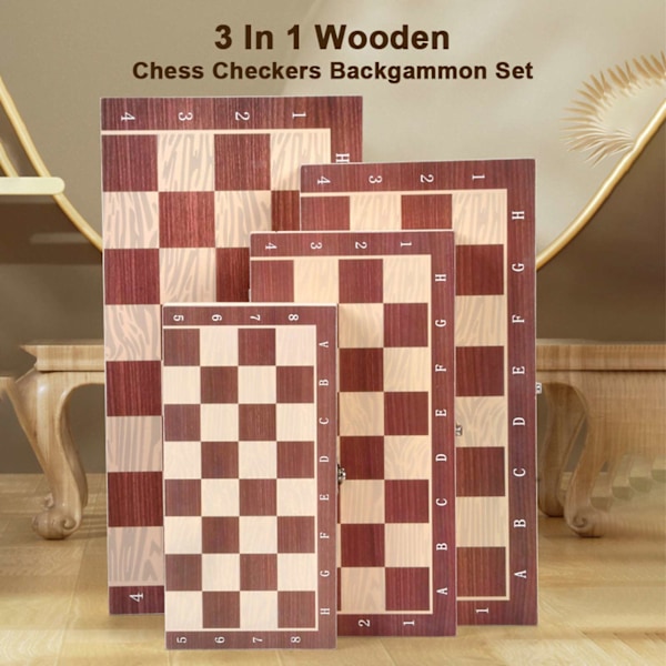 3-i-1 Träschackset: Schack, Dam och Backgammon. Bärbart för vuxna och barn.