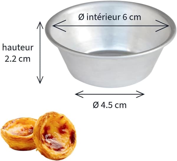 Set med 6 formar för Pasteis de Nata, Ø6cm x 2cm, obelagd aluminium, används för att baka äggtårtor och desserter.