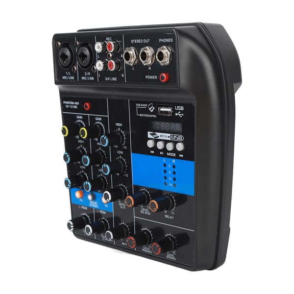 Profesjonell 4-kanals stereo USB-lydmikser for sceneutstyr, 100-240V, USB-plugg