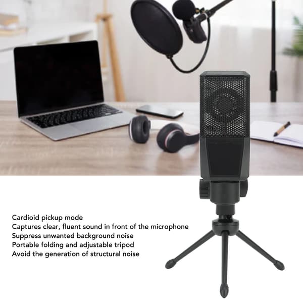 Kondensatormikrofon med støjreduktion og justerbart stativ til streaming og podcasting.