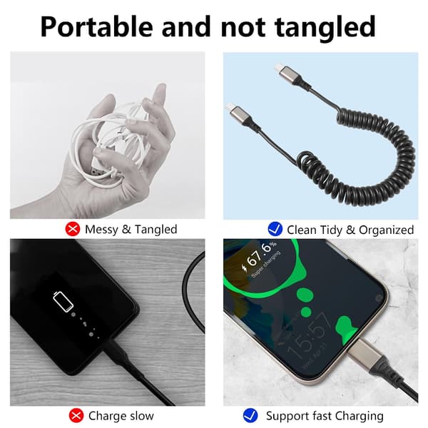 Spiralformad USB-C till USB-C-kabel, 6A snabbladdning och datasynkronisering, kompatibel med iPhone 15, Note 20, 10, 9, 1,5 m