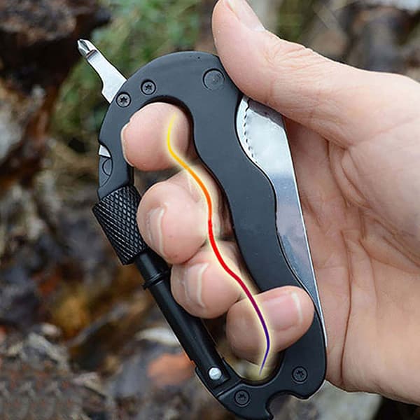 Sort 5-i-1 Multifunktionel Karabinhage med Kniv og Nøglering i Rustfrit Stål til Klatring og Camping