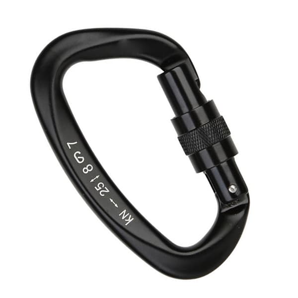 Aluminium D-ring karabinhage med låsemekanisme til klatring og bjergbestigning, sort.
