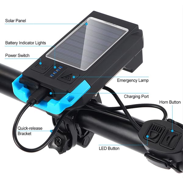 Genopladelig cykelforlygte med solceller og horn, 120db, IPX4, 4 tilstande, 1000 lumen